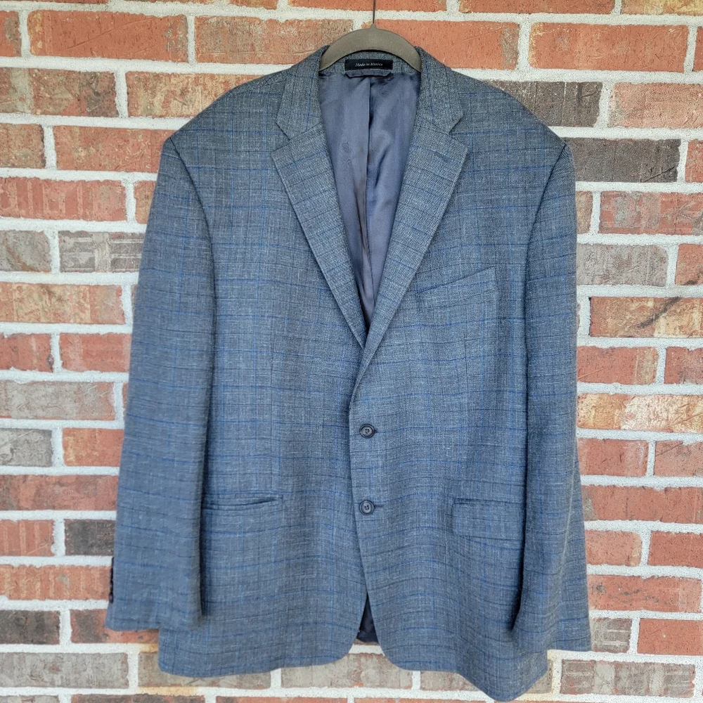 Lauren Ralph Lauren by Macy's  Grey & Blue Plaid Silk & Wool Sports Jacket 48R